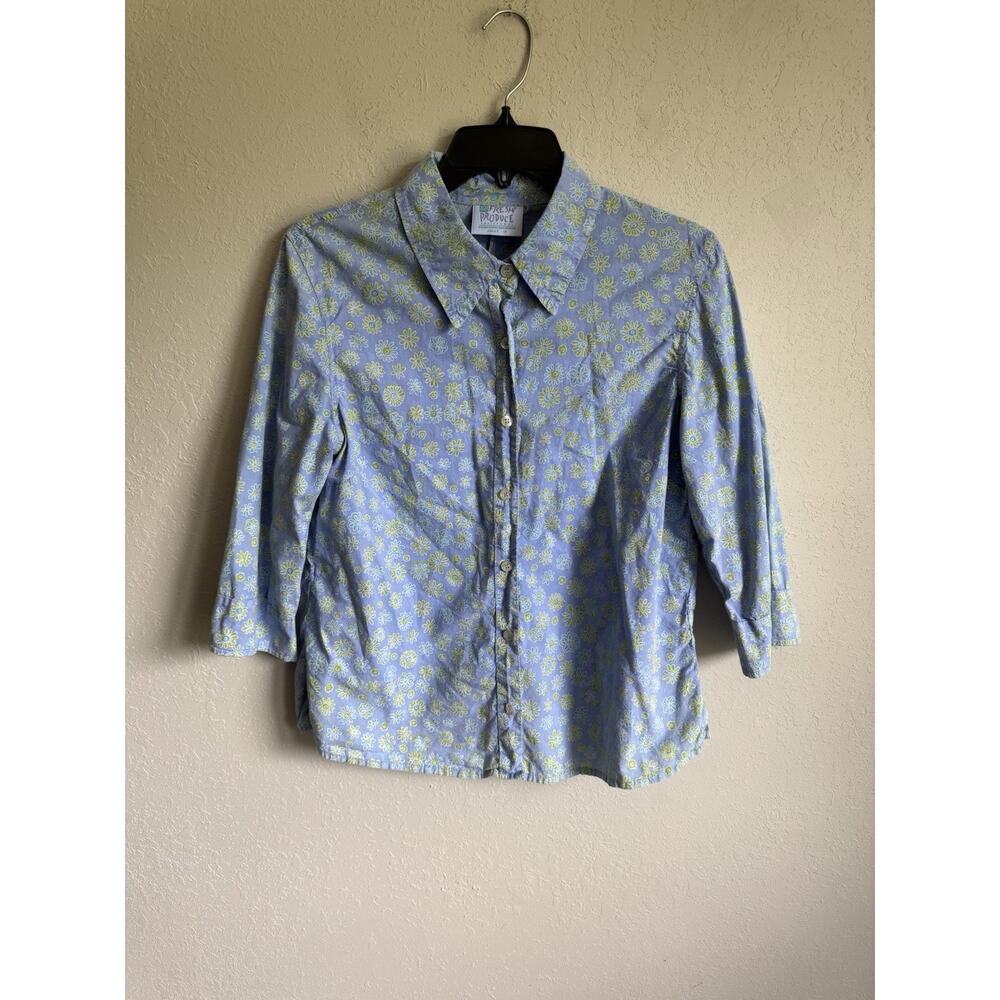 Fresh Produce Blue Green Floral Button Down 1/2 Sleeve Blouse Women M Grannycore